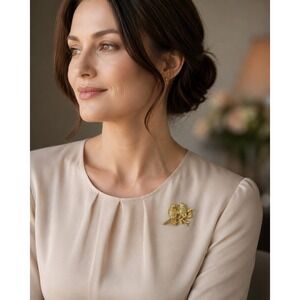AAI Gold Tone Lovebirds on Branch Brooch Rhinestone Eyes Bird Pin